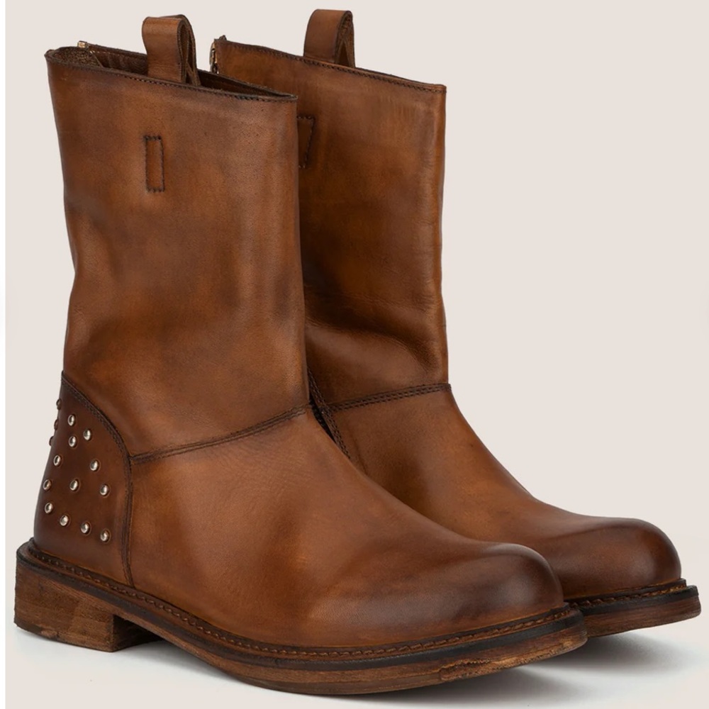 Leather Mid-Calf Studded Casual Boots - Brown